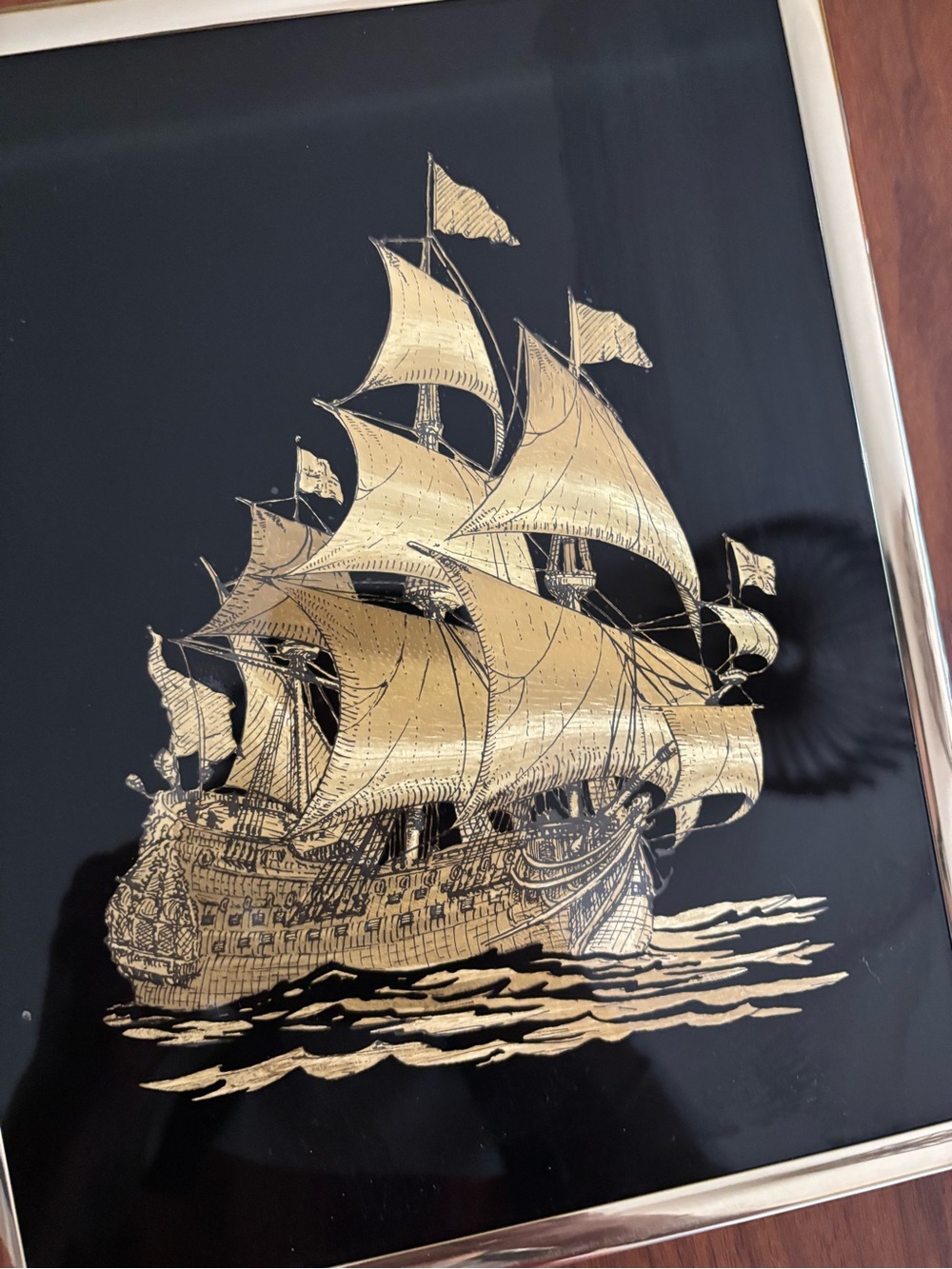 Vintage gold foil sailboat boat nautical framed art mid century MCM 1980s 1970s